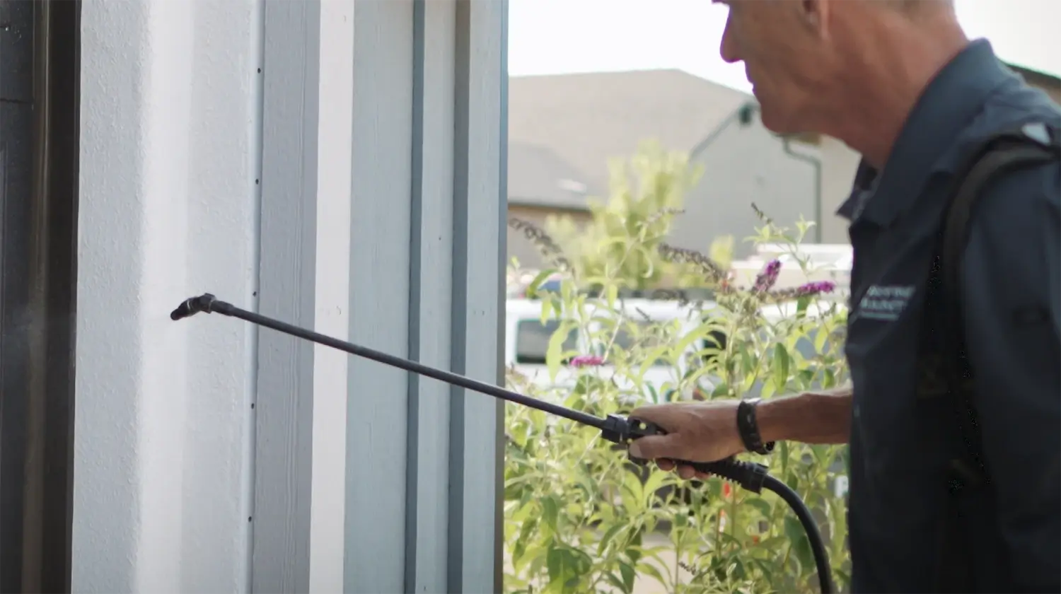Pest control technician spraying pesticide on the exterior of a house