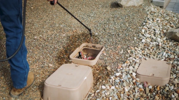 Pest control technician treating underground utility box for pest activity